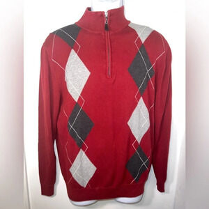 RoundTree/Yorke, M, argyle burgundy grey mock neck long sleeve 1/4 zip sweater